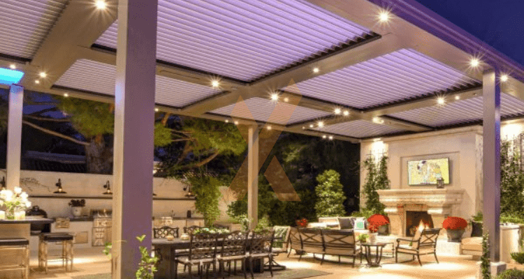 Outdoor Theater Pergola With a Louvered Roof